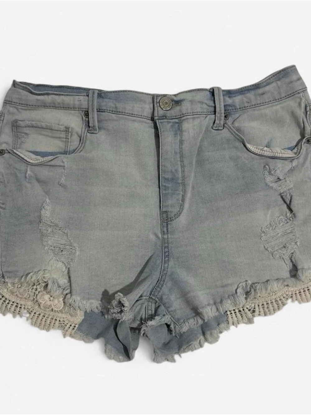 Mudd Light Blue Distressed Denim Shorts with Crochet Trim